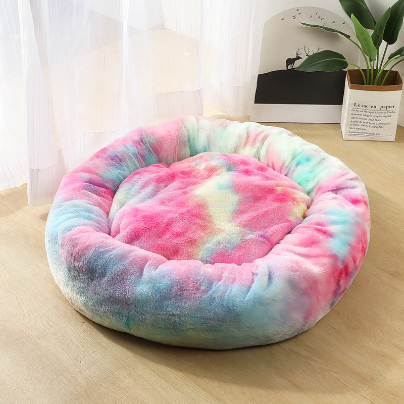 Round Plush Pet Bed with Raised Edges for Cats and Dogs