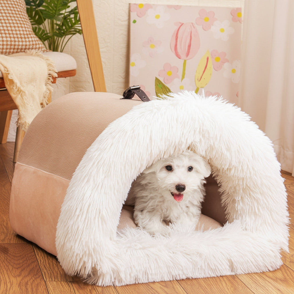 Calming Plush Pet Bed for Cats & Small Dogs in cozy semi-enclosed shape with a small dog inside.