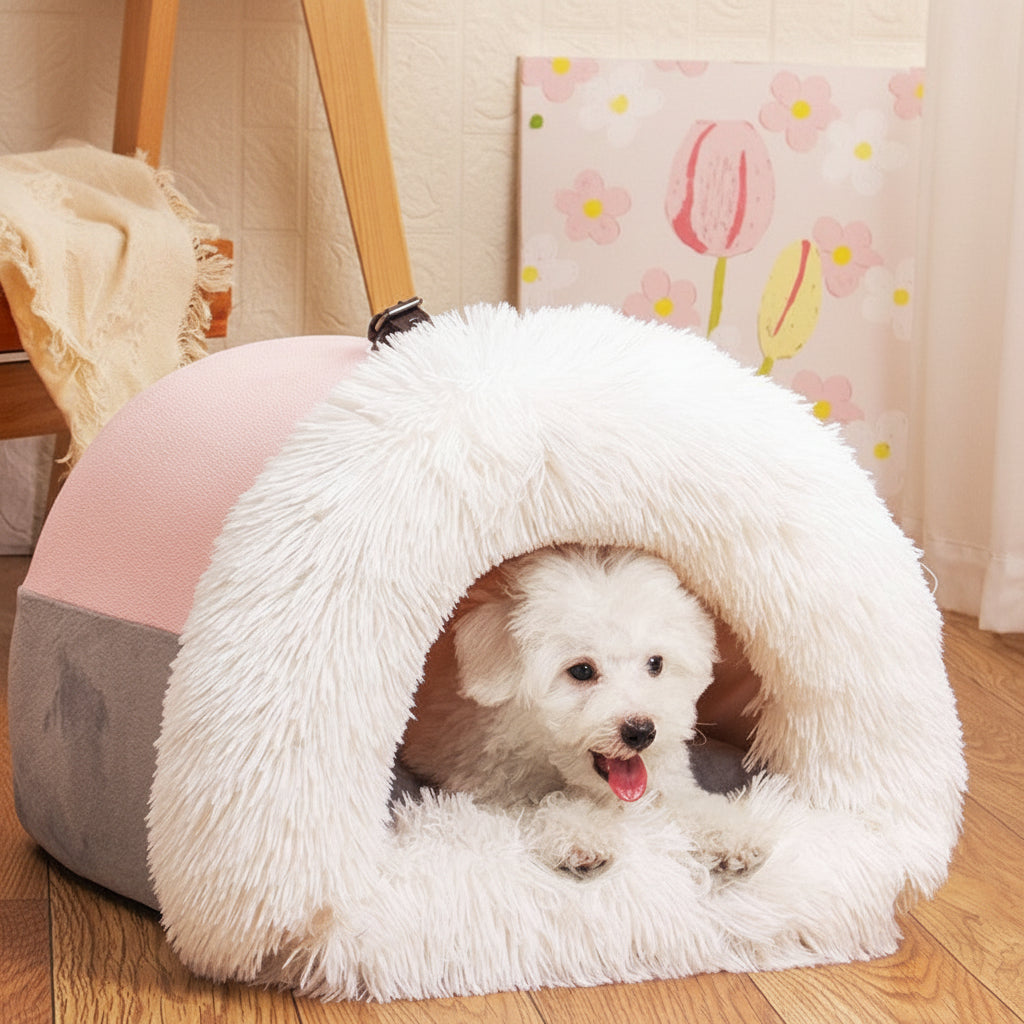 Calming Plush Pet Bed for Cats & Small Dogs with a cozy dog nestled inside a semi-enclosed design.
