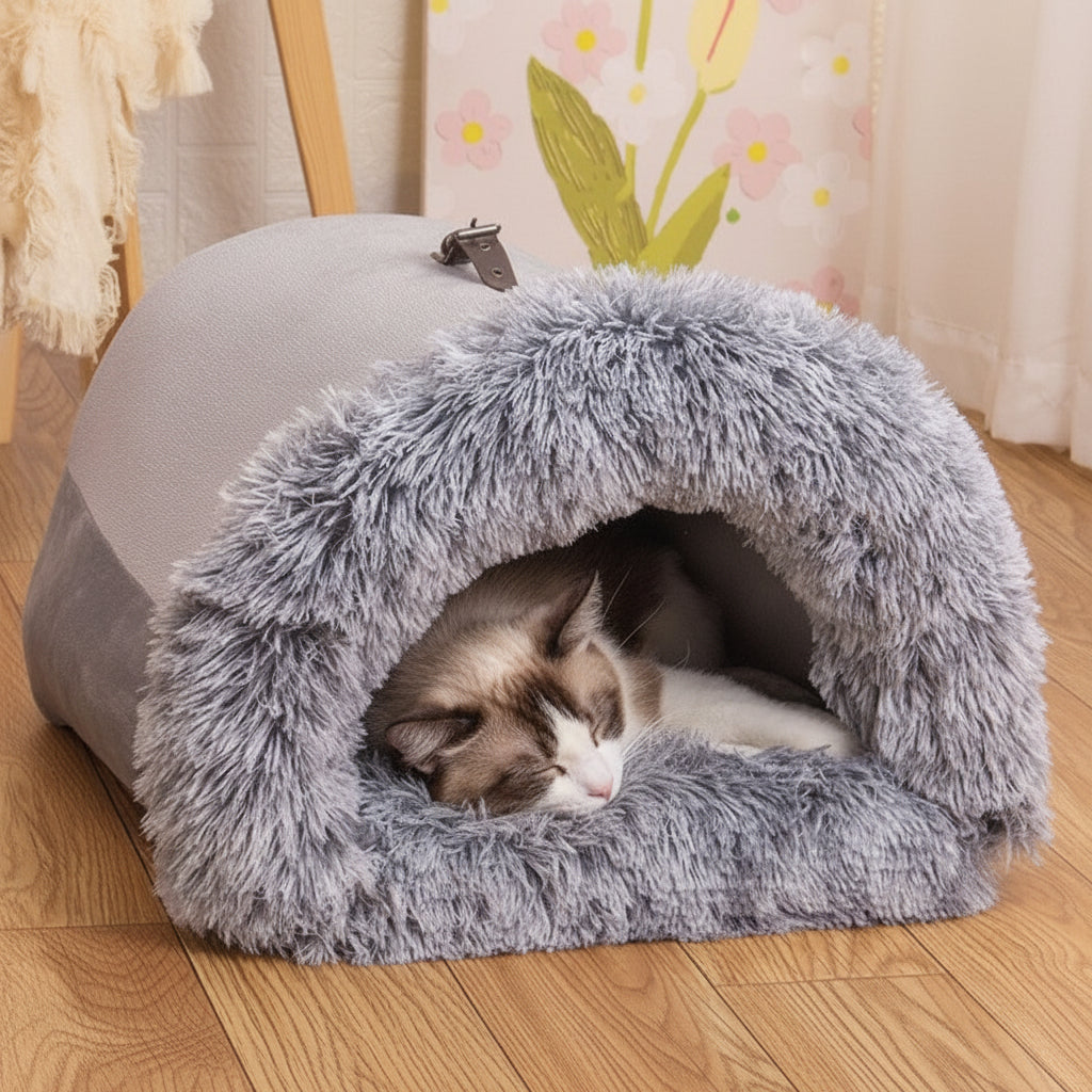 Calming Plush Pet Bed for Cats &amp; Small Dogs with soft interior, perfect for secure and cozy sleep environments.