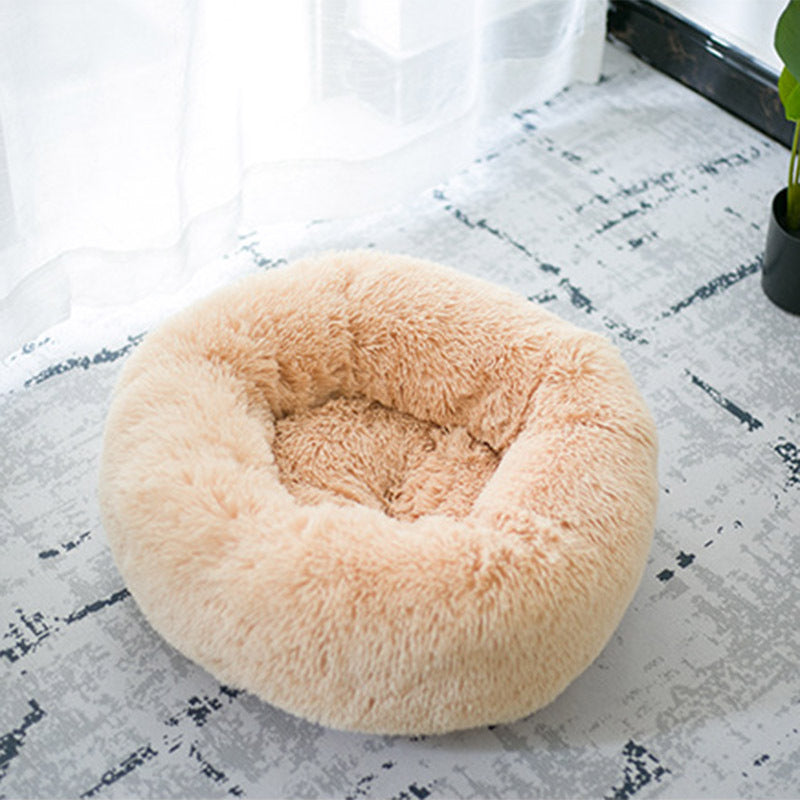 Round Plush Pet Bed with Raised Edges for Cats and Dogs