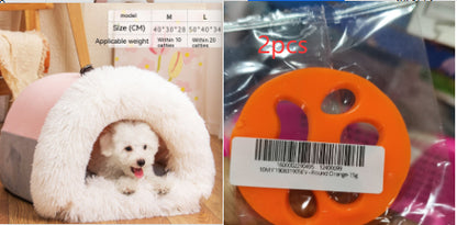 Calming Plush Pet Bed for Cats &amp; Small Dogs featuring a cozy pet inside a semi-enclosed bed for comfort and security.