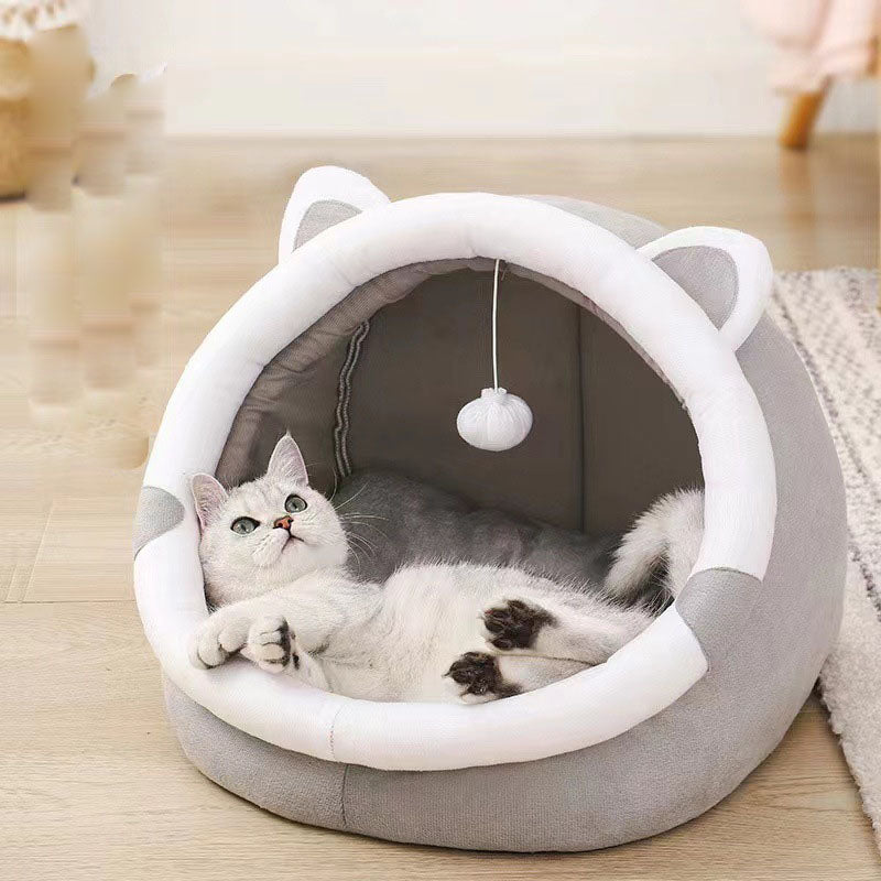 Gemütliches, geschlossenes Katzenhöhlenbett – Plüsch-Haustierhaus für Katzen und Kleintiere